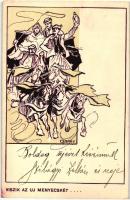 Viszik az új menyecskét... Kiadja Kner Izidor / Hungarian wedding folklore art postcard. s: Garay (EK)