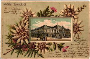 Szolnok, Városház. Fuchs Lipót és fia kiadása. Emb. floral, litho (kopott sarkak / worn corners)