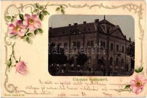 1900 Szolnok, Mezőgazdasági takarékpénztár. Floral üdvözlő lap, Art Nouveau litho, kiadja Fuchs Lipót és fia