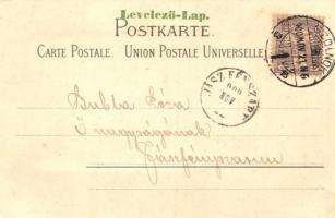 1900 Szolnok, Mezőgazdasági takarékpénztár. Floral üdvözlő lap, Art Nouveau litho, kiadja Fuchs Lipó...