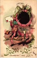 1901 Boldog Újévet! / New Year greeting card. Dwarf with frog playing on the flute. Emb. litho (EM)