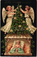 Boldog Karácsonyi Ünnepeket! / Christmas greeting card. Christmas tree, Angels. EAS. Emb. litho (EK)