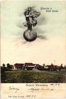 1905 Szolnok, Művésztelep. Utazás a föld körül montázslap földgömbön álló úrral. Háy Géza kiadása (fa)