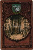 Szolnok, katolikus templom belső. Art Nouveau, szecessziós, címeres litho keret. Bakos István kiadása (EB)