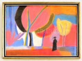 Olvashatatlan jelzéssel: Kalapos nő színes tájban, pasztell, papír, üvegezett fa keretben, 29×39 cm