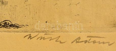 Würtz Ádám (1927-1994): Halászat. Színezett rézkarc, papír, jelzett, 19×29  cm