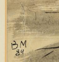 Borsos Miklós (1906-1990): Ikaros bukása (hommage a Bruegel), tus, papír, jelzett, paszpartuban, üve...