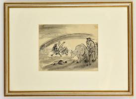 Borsos Miklós (1906-1990): Ikaros bukása (hommage a Bruegel), tus, papír, jelzett, paszpartuban, üve...