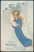 1899 Boldog Karácsonyt! / Christmas greeting art postcard with angel. Emb. litho silk card
