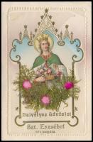 Szívélyes üdvözlet Szent Erzsébet névnapjára / Greeting card for the Name Day of Elizabeth of Hungary. Emb. decorated Art Nouveau, litho