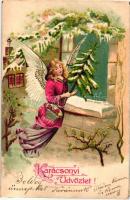 Karácsonyi üdvözlet! / Christmas greeting card, angel, Emb. litho