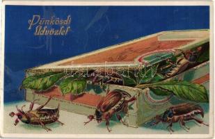 Pünkösdi üdvözlet / Pentecost greeting art postcard with may bugs (Cockchafer). Golden decorated litho
