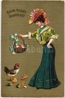 Boldog Húsvéti Ünnepeket / Easter greeting art postcard, Lady with chicken. Rotochrom 1036. Emb. litho
