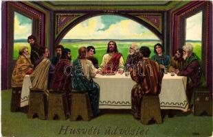 Húsvéti Üdvözlet / Easter greeting art postcard, Jesus with the Apostles. litho