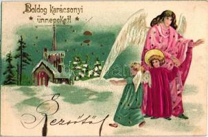 Boldog Karácsonyi Ünnepeket / Christmas greeting art postcard. Angels, litho silk card
