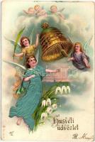 Húsvéti üdvözlet / Easter greeting art postcard, Angels with bell. golden decorated litho silk card