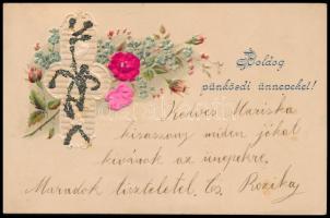 Boldog pünkösdi ünnepeket! / Pentecost greeting art postcard, Emb. Floral decorated silk card