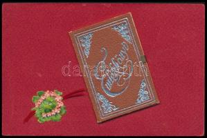 Emlékkönyv. Üdvözlőlap ráragasztott kinyitható könyvvel / Scrapbook. Mechanical greeting art postcar...