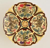 Díszes Rudolf Ditmar mázas kerámia tortatál, jelzett, talpán hajszálrepedéssel, d: 28 cm