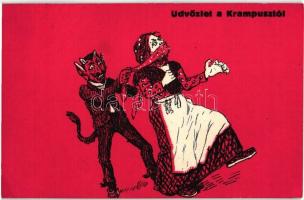 Üdvözlet a Krampusztól / Krampus greeting art postcard with woman. B.K.W.I. 3329-14. (EK)