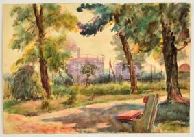 Sostarics Lajos (1896-1968): Kilátás az Óbudai Gázgyárra. Akvarell, papír, jelzett, 18×26 cm