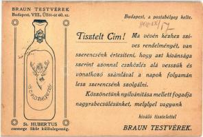 Braun Testvérek St. Hubertus csemege likőr különlegesség reklámlapja / Hungarian advertisement for St. Hubertus liqueur