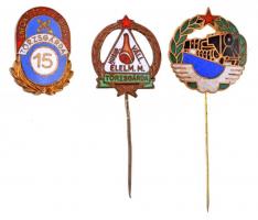 3db-os zománcozott jelvény és kitűző tétel a szocialista időszakból, benne "Lenfonó és Szövőipari V. 15 Törzsgárda",  "Húsip. Élelm. M. Váll. Törzsgárda" és Magyar Államvasutak T:2,2-