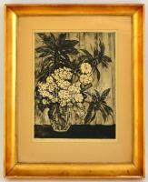 Scultéty Éva (1917-2001): Csendélet. Rézkarc, papír, jelzett, üvegezett fa keretben, 40×29 cm