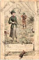 1903 Rabbit-hunting lady and gentleman. Theo Stroefer Sport-Postkarte Ser. 195. Nr. 6. s: Th. Zasche (fl)