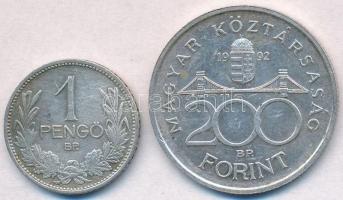 1927. 1P Ag + 1992. 200Ft Ag "MNB" T:2 kis patina