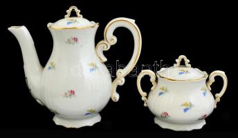 Zsolnay virágmintás kávés készlet: 6 db csésze+alj, d: 7,5 ill. 12 cm + cukortartó, m: 10 cm, kiöntő...