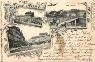 1899 Plzen, Pilsen; Radnice, most k nadrazi, namesti, Caffe Central / town hall, bridge, square, cafe. Art Nouveau, floral