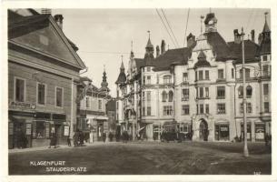 Klagenfurt, Stauderplatz, M. Gröhar, Norddeutscher Lloyd Bremen, Friseur, Elida, F. Wüster / square, tram, shops