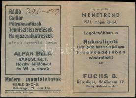 1937 Budapest-Gödöllő menetrend, rákosligeti reklámokkal