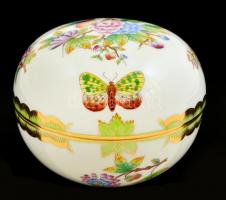 Herendi Viktória mintás porcelán bonbonier, kézzel festett, jelzett, hibátlan, d: 10,5 cm, m: 7 cm