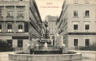 Vienna, Wien IV. Mozart Platz mit Brunnen, Ludwig Knapp, Luxus Ledergalanter / square with fountain, shops