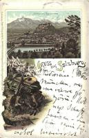 1897 (Vorläufer!) Salzburg vom Kapuzinerberg / Hunting gun, Art Nouveau, floral, litho Regel & Krug No. 564.