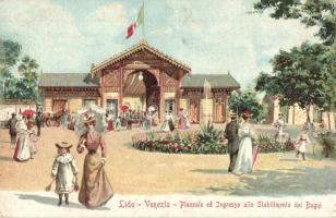 Venice, Venezia; Lido, Piazzale ed Ingresso allo Stabilimento dei Bagni / spa, litho (EK)