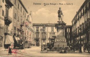 Palermo, Piazza Bologni e Monumento a Carlo V. / square, statue , tram line 9 + stamps on the backside (EK)