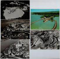 1962 Budapest, Hősök tere, 2 db feliratozott vintage fotó, 9x12 cm + 7 db modern légi felvétel Magyarországról (Budapest, Esztergom, Győr, Balaton), fotólapok, 10x15 cm