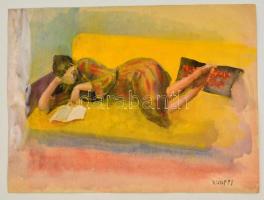 Kunffy jelzéssel: Olvasó nő. Akvarell, papír, 23×30 cm