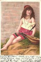 Cigány lány lanttal / Gypsy girl with lute, folklore. litho (EB)