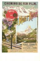 Chemins de Fer P.L.M. Le Mont Rose. Services directs entre Paris & zermatt / French railway company advertisement card s: Hugo dAlési