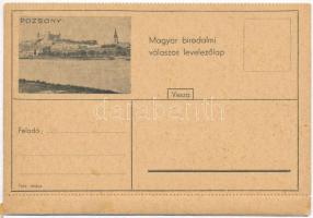 Pozsony, Pressburg, Bratislava; Magyar birodalmi válaszos levelezőlap, egyik oldalán a pozsonyi vár, másikon a munkácsi vár / Imperial Hungarian postal card with reply section. One side Bratislava castle, other side Mukacheve castle (EK)