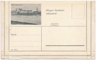 Pozsony, Pressburg, Bratislava; Magyar birodalmi válaszos levelezőlap, egyik oldalán a pozsonyi vár, másikon a munkácsi vár / Imperial Hungarian postal card with reply section. One side Bratislava castle, other side Mukacheve castle (EK)