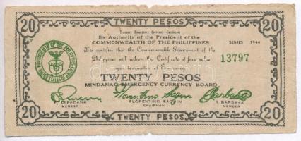 Fülöp-szigetek 1944. 20P az emigráns kormány nevében készült T:III- Philippines 1944. 20 Pesos printed in name of the government in exile C:VG