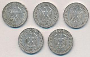 Német Harmadik Birodalom 1936A 5M Ag "Hindenburg" (5x) T:2 
German Third Reich 1936A 5 Ma...
