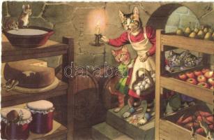 Cats in the cellar with mice. Alfred Mainzer Nr. 4852. - modern postcard (gluemark)