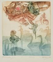 Hartung Sándor (1962- ): Boszorkányok. Színes rézkarc, papír, jelzett, 16,5×15 cm