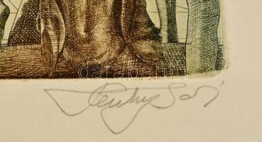 Hartung Sándor (1962- ): Eszmélet. Színes rézkarc, papír, jelzett, 13×16 cm